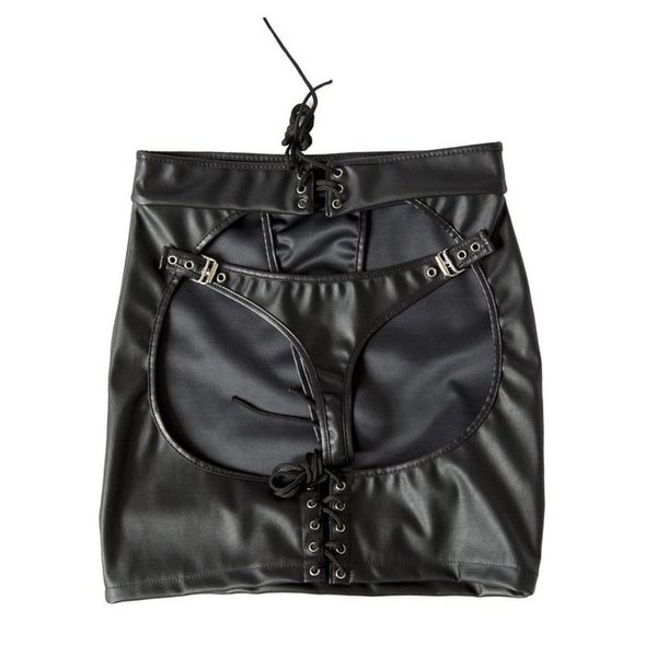 

faux leather lace up spanking skirt a line fetish clubwear open hip bondage skirts toys drop shipping, Black