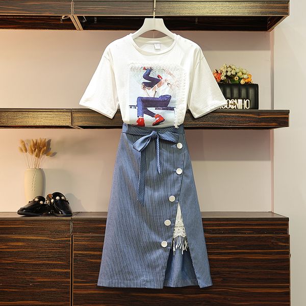 

2020 summer plus size women set fashion character print lace cotton tees tshirt + belt bow plaid button split skirt 2 piece sets, White