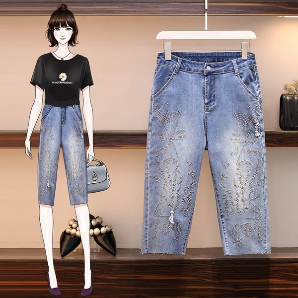 

customized large size lace-up high waist embroidered cropped and embroidered jeans women's 200kg fat sister hole jeans, Blue