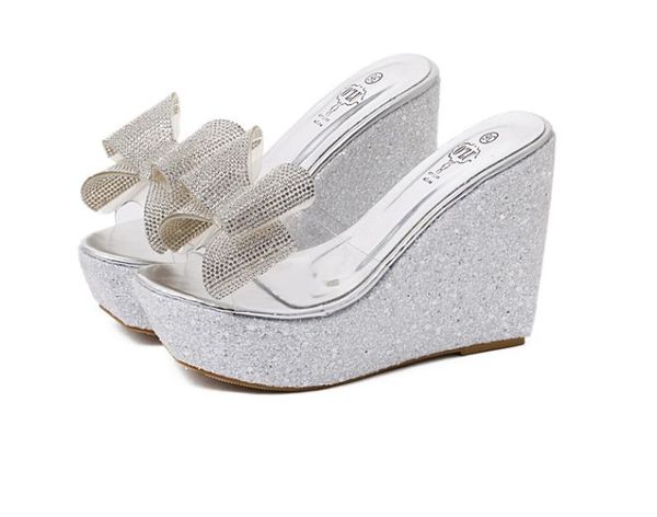 

silver gold rhinestone bow transparent wedge sandals women summer platform wedding shoes with bowties size 35-40 cs02, Black
