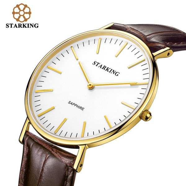 

starking brand men quartz watch classic ultra-thin business simple gold minimalist watch leather strap fashion wristwatch bm0965, Slivery;brown