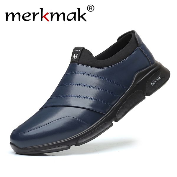 

merkmak fashion loafers men shoes leather sneakers summer shoes men slip on designer zapatos hombre casual footwear, Black