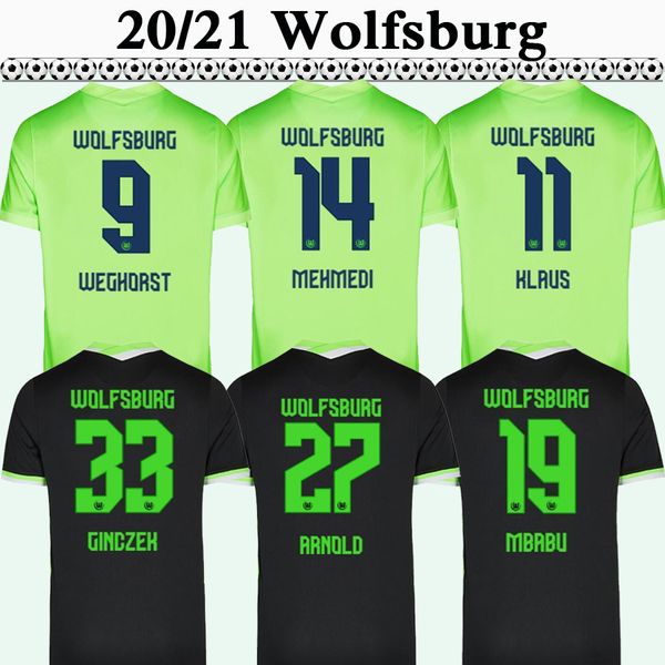 

20 21 wolfsburg steffen weghorst mehmedi mens soccer jerseys mbabu arnold ginczek klaus home green away black football shirt short sleeves, Black;yellow