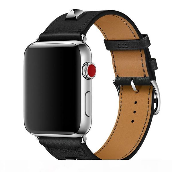 

genuine leather rivet custom edition single tour watch band strap for herm apple watch series 4 1 2 3 iwatch 38 42mm t190620, Black;brown