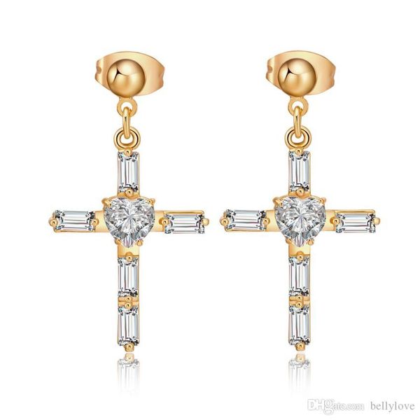 

fashion jewelry clear cubic zirconia cz cluster 18k yellow gold plated cross stud earrings for women, Golden;silver