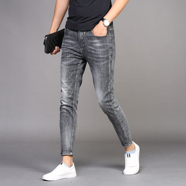 

wholesale 2020 ankle length jeans men's brand slim feet men's casual long pants korean trend summer thin smoky gray jeans hombre, Blue