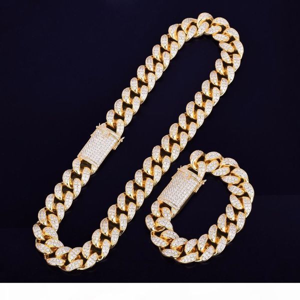 

heavy cubic zirconia miami cuban chain with bracelet necklace set gold silver 20mm big choker men's hip hop jewelry 16" 18