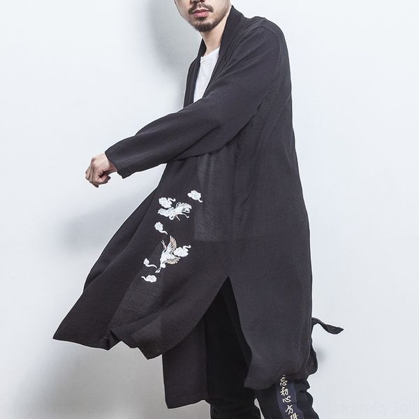

miwtl new summer mid-length cloud crane embroidered windbreaker men's cotton and linen thin summer cloak cloak embroidery windbreaker e, Tan;black