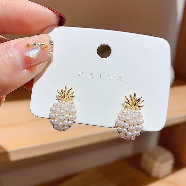

925 silver post korean version of dongdaemun shopping exaggerated pineapple earrings fresh fruit simple wild small earrings female, Golden;silver
