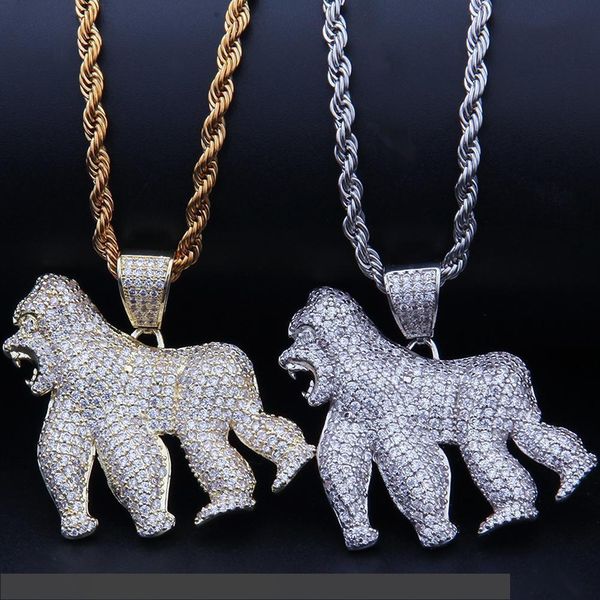 

hip hop iced out full cz bling king roaring gorilla pendant necklace men charms fashion rapper choker necklace jewelry gifts, Silver