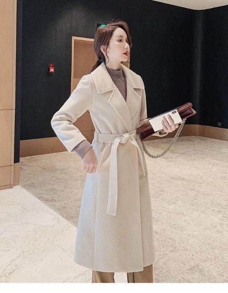 

women elegant winter overcoat bandage woolen long coat cardigan loose wool blends coat with belt, Black