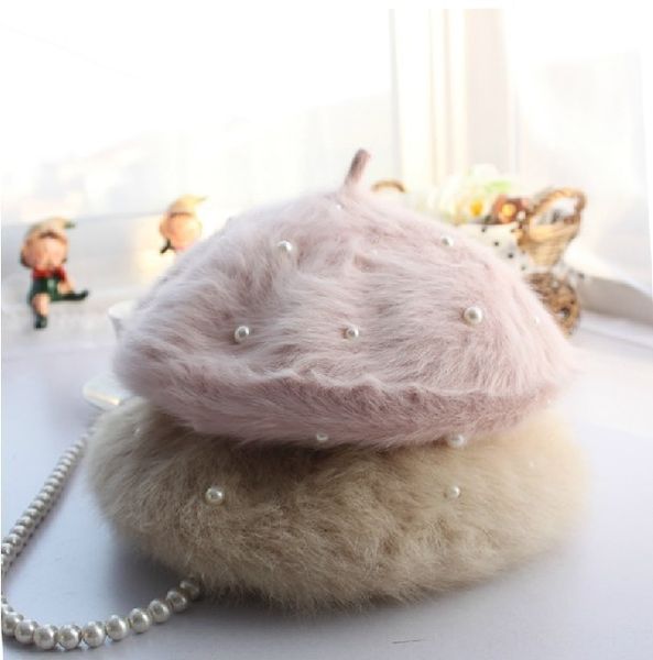 

2019 rabbit hair hat women's pearl beret pearl beret thickened thick rabbit hair hat, Blue;gray