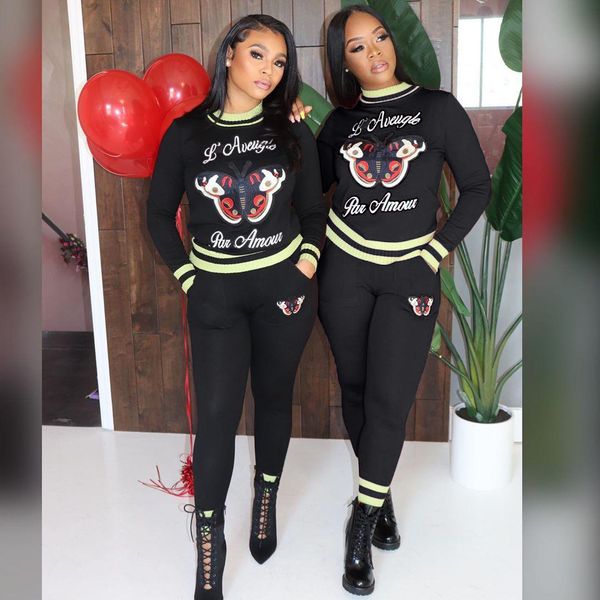 

p8484 cross-border independent station amazon wish european and american selling fashion butterfly pattern sweater casual womens suit, Black
