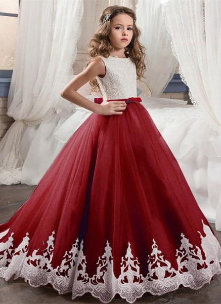 

red bateau lace applique a line tulle kids formal wear girls pageant baby children party dress flower girls dresses custom, Red;yellow