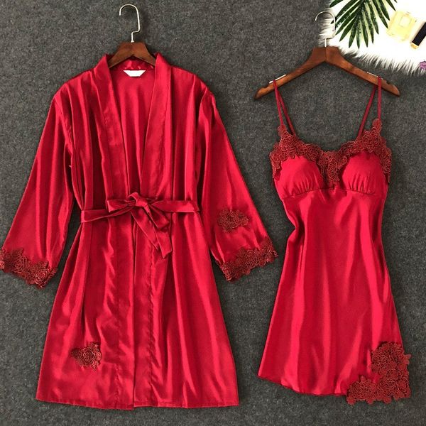 

women twinset robe suit satin strap nightgown&bathrobe sleepwear set 2020 new nightwear kimono bath gown intimate lingerie, Black;red