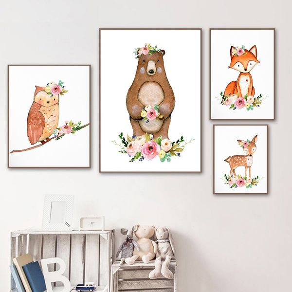 

watercolor animal poster nursery wall art follower bear deer owl canvas painting nordic picture baby girl bedroom decoration