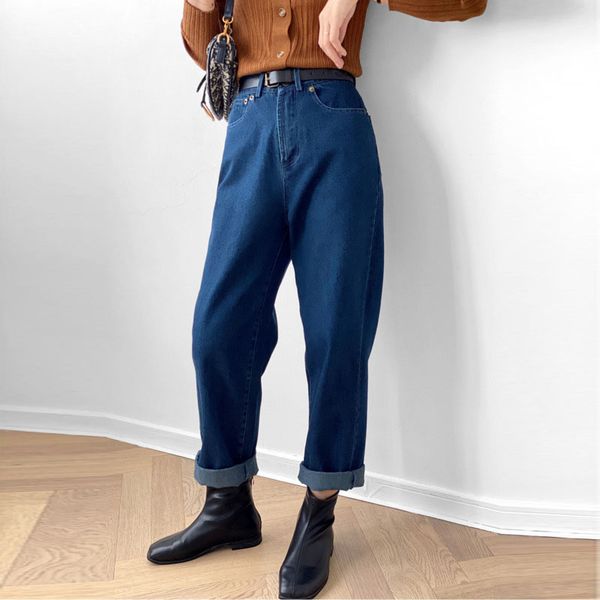 

урожай синий высокой талией прямые джинсы женщина мода денима широкие ноги брюки 2020 осень хлопок женщин брюки брюки, Blue