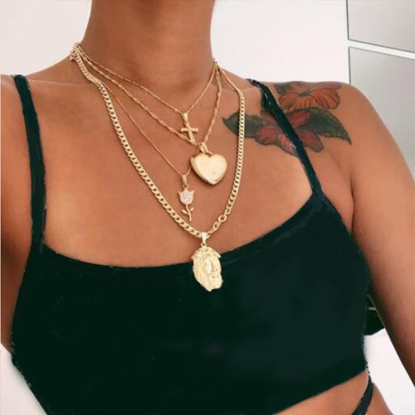 

подвески многослойная сердце креста ожерелье boho золотая цепь роза кристалл камень мужчины голова женщины ювелирные изделия 8520, Silver