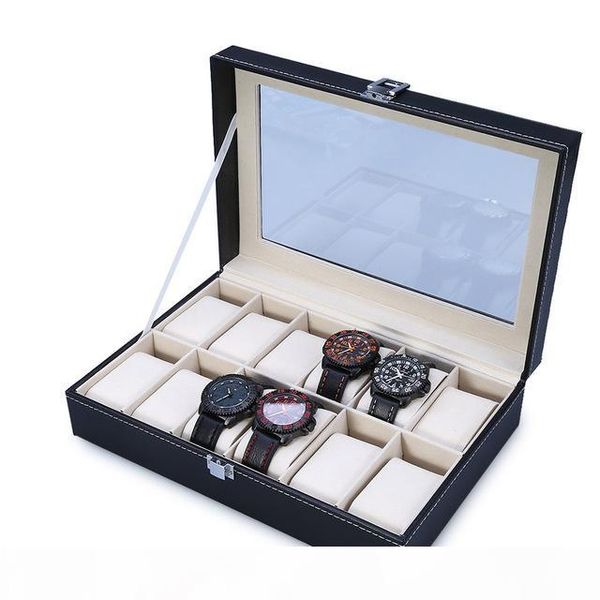 

2020 pu leather 12 slots wrist watch display box storage holder organizer watch case jewelry dispay box, Black;blue