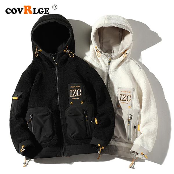 

men's down & parkas covrlge fashion men jacket plush hooded personality pocket coat warm tooling style winter thick jackets male mwm105, Black