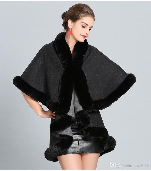 

популярная осень и зима дамы новый роскошный искусственный fox fur двойной платок плащ вскользь зимы женщин теплое пальто способа, Black