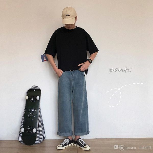 

9898homme wide leg pants casual pants solid color cargo pocket jeans male blue color loose trousers -2xl