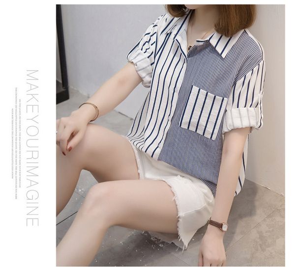 

2020 summer designer new striped loose thin shirt label neck women fresh shirt breathble, White