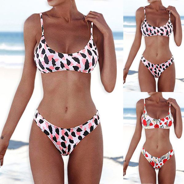 

high waist 2020 women bandeau bandage bikini set push up brazilian swimwear printed mujer beachwear swimsuit biquini monokini, White;black