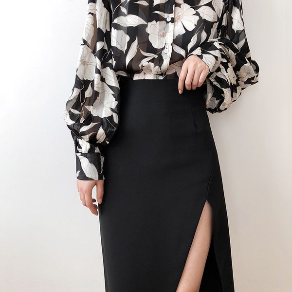 

luxi high waist split split skirt women's summer 2020 new internet celebrity design light mature hip skirt 192, Black