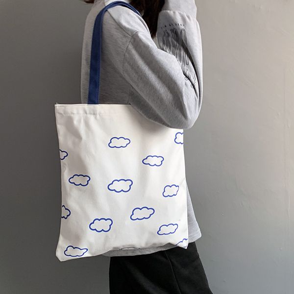 

women canvas shopping bags clouds printing shoulder bag for girls ladies casual cloth shopper bags with zipper handbags tote