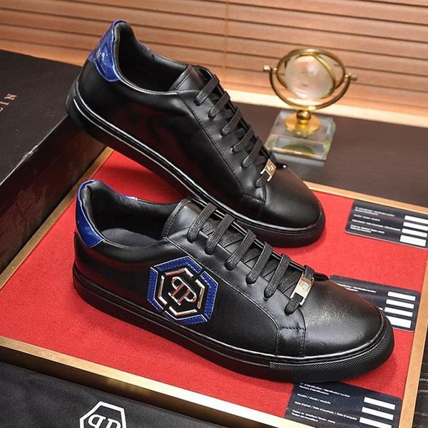 

new men sneakers shoes comfort leather lace -up leather casual mens shoes with box fashion sneakers flats lo -sneakers hexagon men shoes, Black