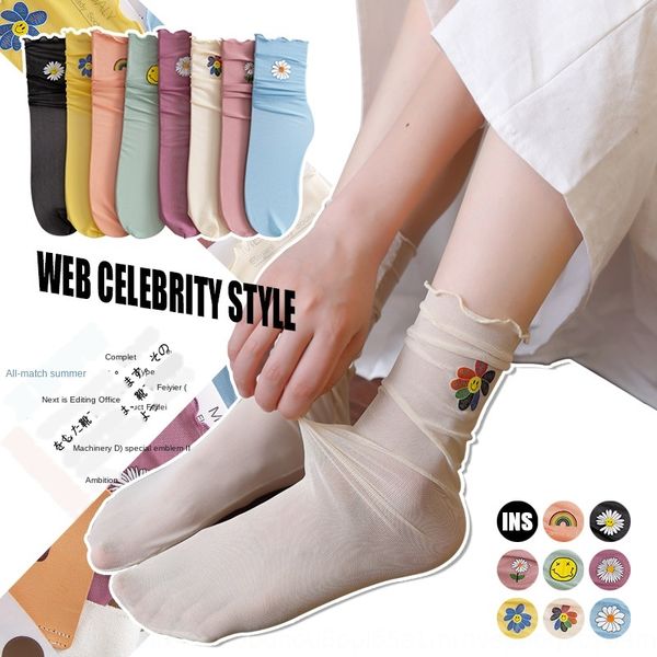 

niifh summer new daisies mesh wood ear color breathable summer thin ins sweet daisy net fu new thin ins sweet daisy net socks fungu stack so, Pink;yellow