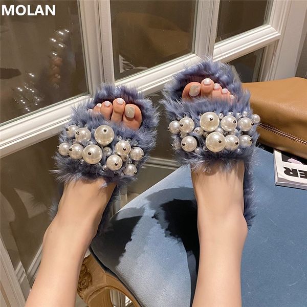 

molan brand design 2020 korean fashion luxury pearl soft hair fur slippers flat slides slip-on loafers mules flip flops outside, Black