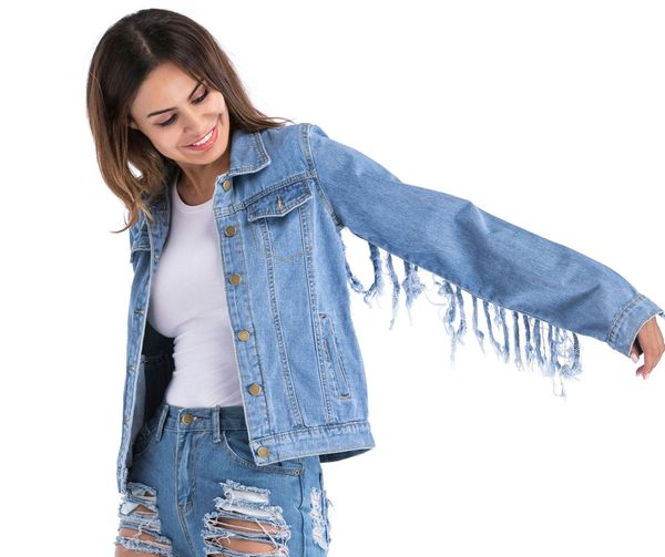 

e-baihui 2020 european and american new style women's denim jacket back tassel large size denim jacket solid color ladies 6368, Black;brown
