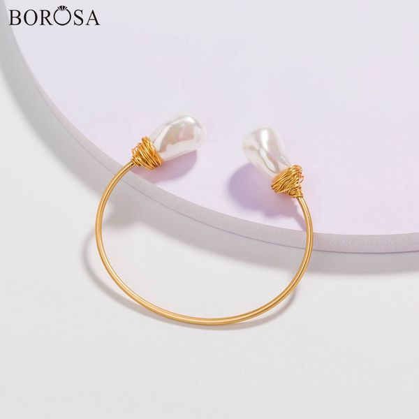 

stylish baroque double white pearl handmade gold wire wrapped pearl bangle adjustable bracelets for women wx1704, Black