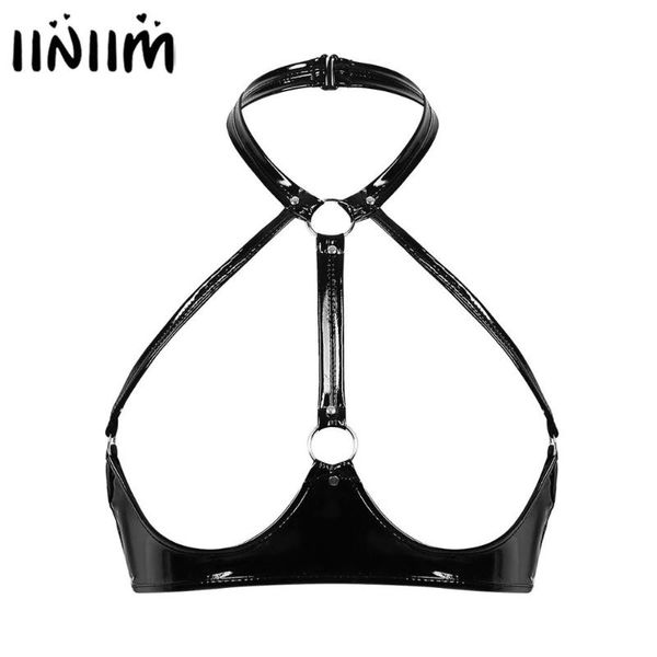 

bras sets womens sissy latex clubwear nipples open crop patent leather backless wire-unlined lingerie exotic bra top, Red;black