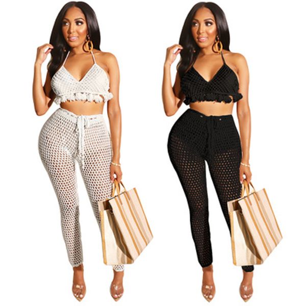 

women clothing 2 piece set fashion stylist quick-drying suit mesh tassel straps bikini pants suit slim suits summer new spring, White