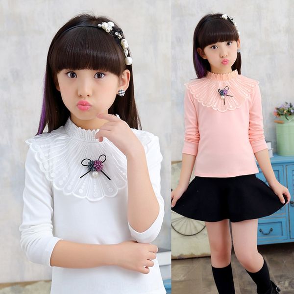 

wcgh8 girls base new children's high collar warm medium and large children's long warm shirt sleeve t-shirt solid color plus velve, Blue