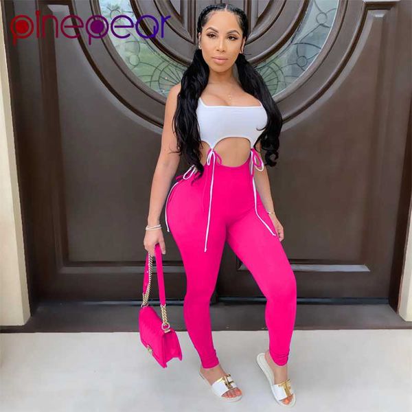 

pinepear new hollow out drawstring bandage patchwork 2 piece outfits for women crop tank + pants matching sets drop shipping, White