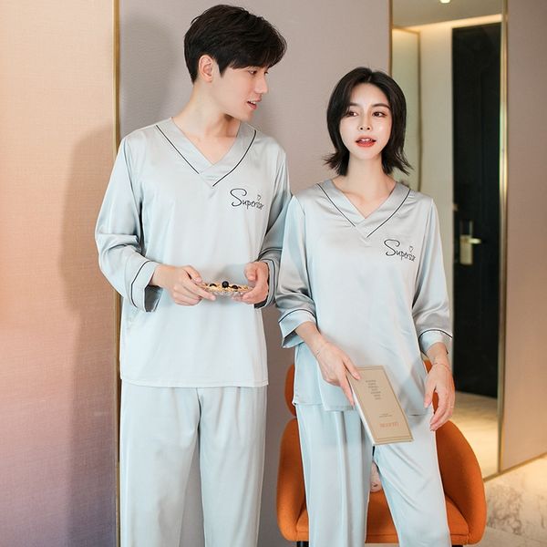 

season new ice silk lovers' sleeping suit silk lovers' casual pullover simulation home service simulation pullover home clothes, Blue;red