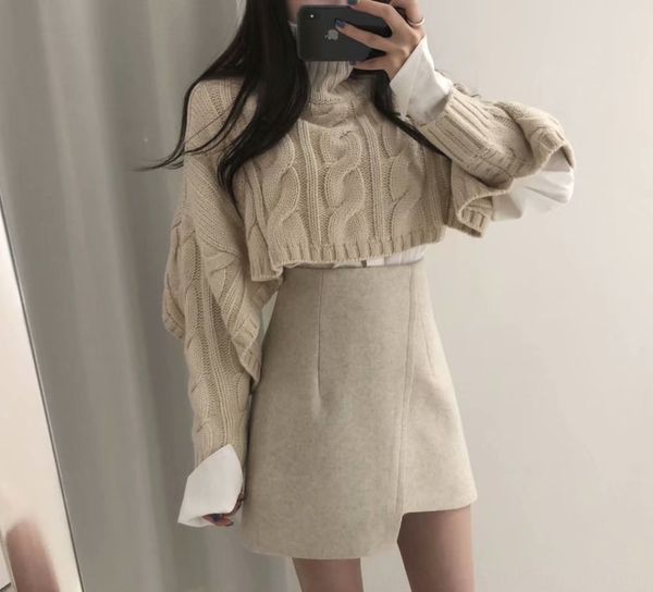 

women's 2019 autumn new korean style turtleneck sweater twist knitted short navel sweater for women, White;black