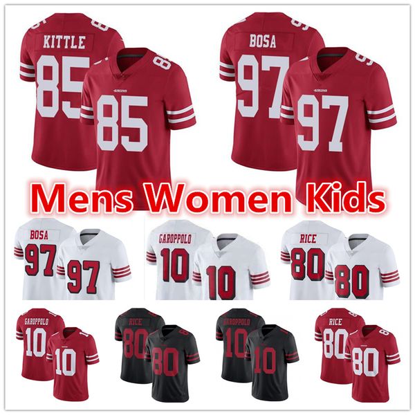 

mens women youth san francisco 49er jersey jerry rice 85 george kittle 10 jimmy garoppolo nick bosa richard sherman football jerseys, Black;red