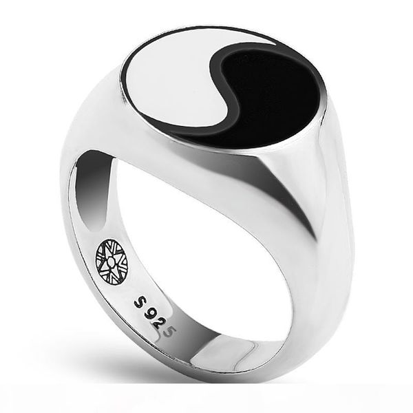 

925 sterling silver tai chi yin yang ring white & black enamel personality balance asian vintage ring on a finger for men women j190707, Slivery;golden