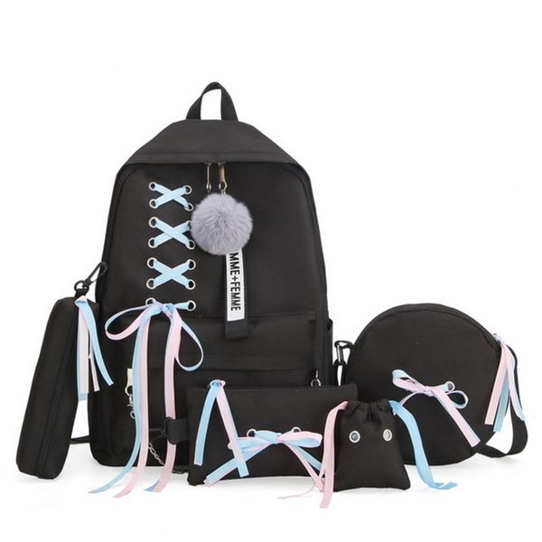 

5шт / комплект школа сумки для подросткового рюкзака solid 2019 schoolbag женщины студент сумки lace bow bundle рюкзак высокого качества