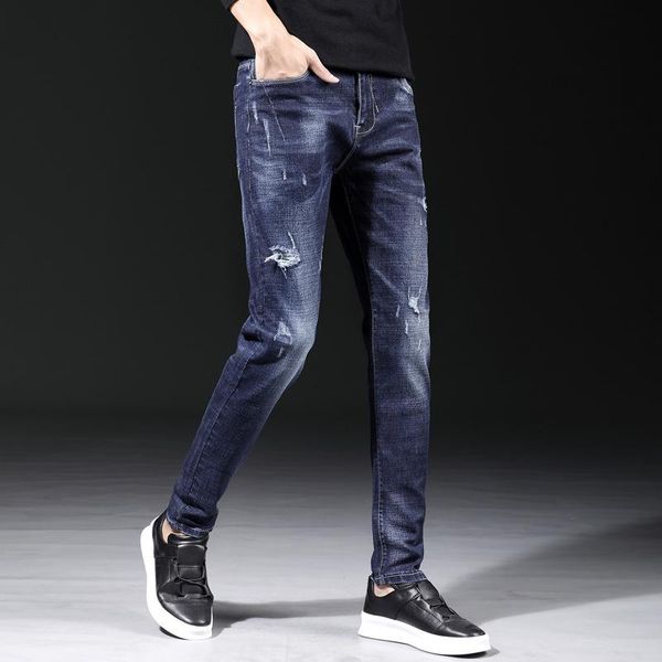 

men's jeans casual vintage denim long pants motorcycle wrinkle trousers, Blue