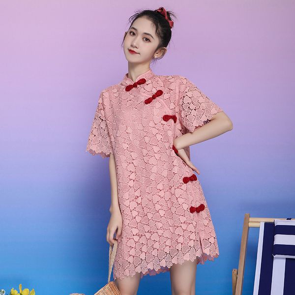 

ethnic clothing improved cheongsam women's retro lace hollow dress, Red