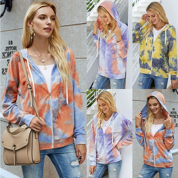 

tie dye cardigan hoodies women casual long sleeve autumn patchwork womens designer sweatshirts coats with zipper, Black