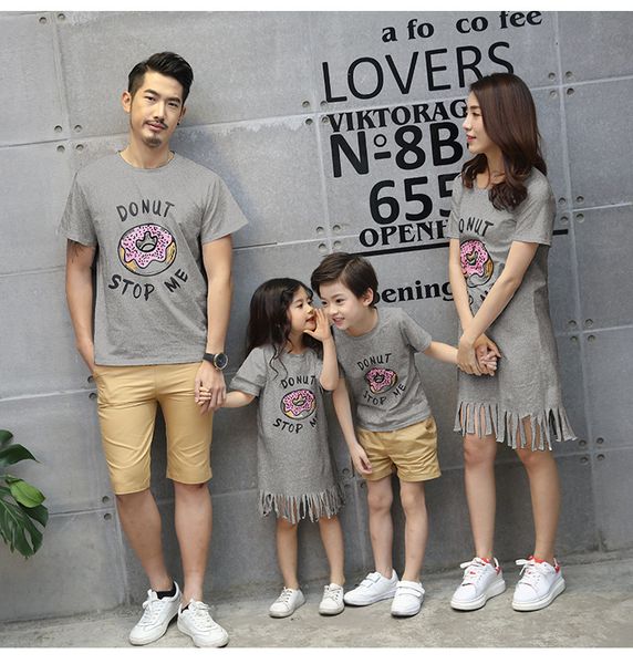 

family matching pyjamas couple look mother and daughter dresses tassel shirt dress women kids t-shirt parent child outfits y200713, Blue