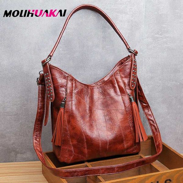 

women leather handbags high qualit tassel rivet female shoulder crossbody bags for women casual tote bag vintage sac a main new