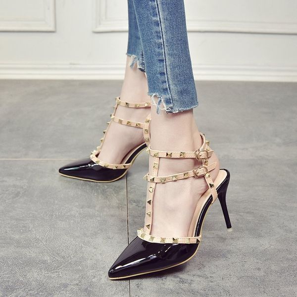 

pumps 2020 women's shoes summer fashion female sandals rivet metal decoration pu leather style women high heels zapatos de mujer, Black